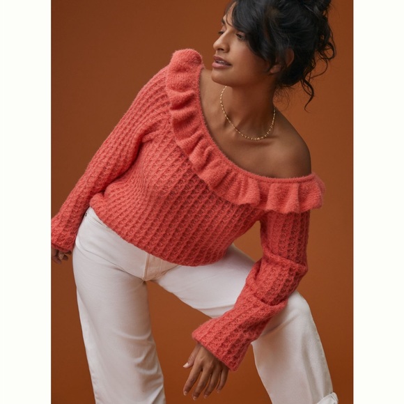 ✨ Anthropologie Ruffled Boat Neck Sweater Sz S - Picture 1 of 5